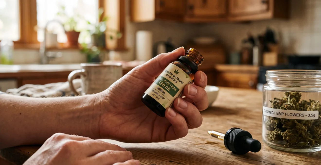 Une main retourne un flacon d'huile CBD pour lire l'étiquette des cannabinoïdes.