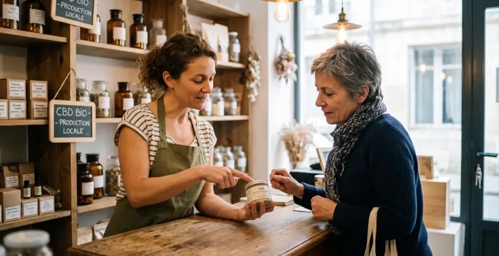 Un vendeur présente deux pots de CBD à une cliente dans une boutique.